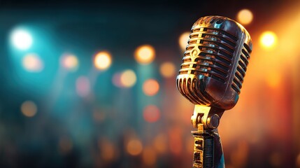 Classic microphone on stage with colorful bokeh lights background
