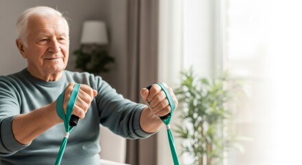 Elderly man performing physical therapy with resistance band at home. Rehabilitation and active aging concept for senior health and recovery.