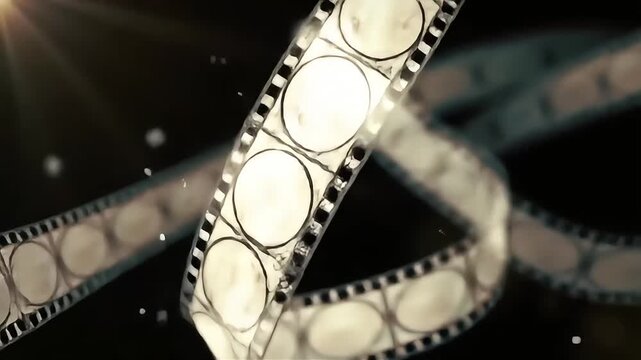 vintage film strip swirling in dark cinematic background glowing frames in motion for movie production cinema festival poster design