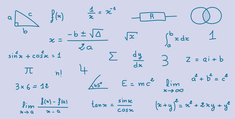 Mathematics and Physics Symbols and Formulas Background.