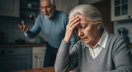 Elderly woman with a hand on her forehead looking frustrated as an elderly man yells in the background. Family conflict and mental health issues in older adults.