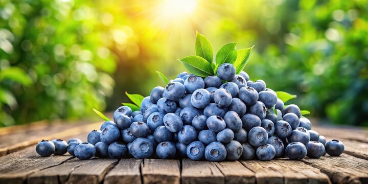 Freshly ripe blueberries stacked in a row on the farm's table amidst lush greenery and sunshine , blueberry harvest, ripe blueberries