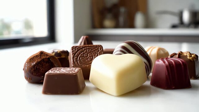 Gourmet Chocolate Assortment A decadent collection of handcrafted pralines on a white marble kitchen counter.