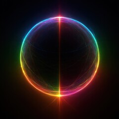 The sphere is bisected by a vertical line and encircled by a spectrum of colors, primarily blues, greens, yellows, oranges, and reds. The light seems to emanate from within, creating a mesmerizing, fu