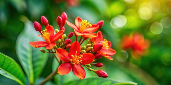 Jatropha podagrica flower on a blurred green background, with vibrant red and yellow petals , blooming, bloom,  blooming