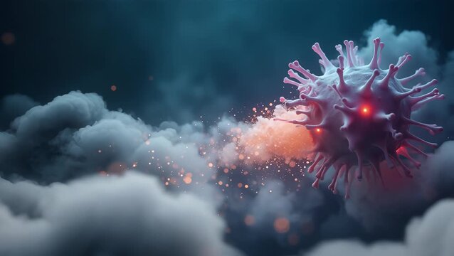 Colorful Virus Illustration with Particles and Clouds in the Background