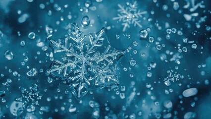 Close-up of a snowflake with water droplets and bubbles, creating a winter and cold theme.
