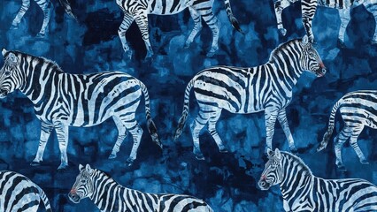 Naklejka premium A group of zebras in a blue-toned environment with striped patterns and a dark background.