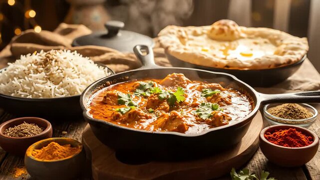 Steaming hot traditional Indian chicken curry with basmati rice and naan bread on a rustic wooden table.