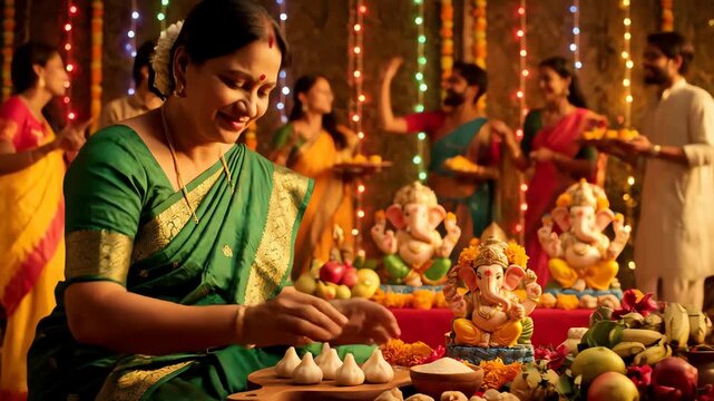 A smiling woman in a green saree carefully prepares modak sweets for a Ganesh Chaturthi festival celebration.