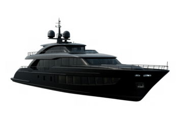 Luxury black superyacht cruising, representing wealth, exclusive travel, and high-end ocean recreation on transparent background