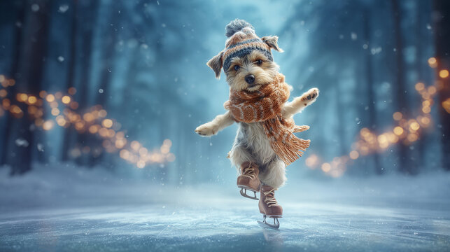 An adorable dog elegantly skates on ice in a winter wonderland, wearing a cozy scarf and hat. Surrounded by a snowy forest, it embodies a festive and charming scene. Image made using Generative AI.