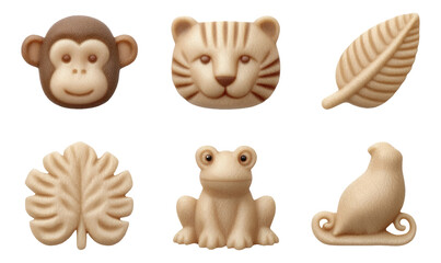 Cute Monkey and Tiger Faces with Leaves and Frog in Isolated Transparent Background