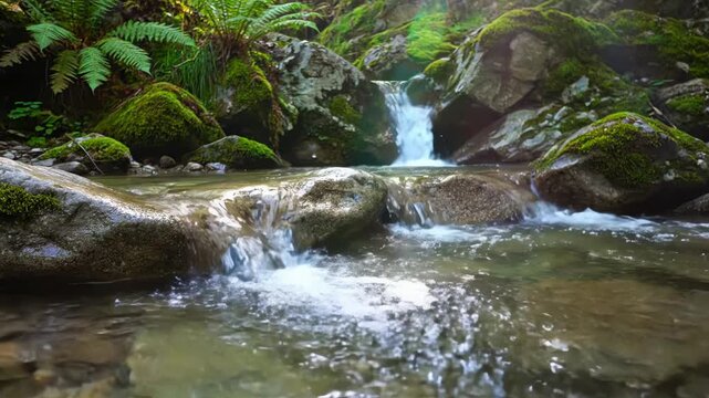 A tranquil mountain stream flows over mossy rocks with a small waterfall in a lush green forest
