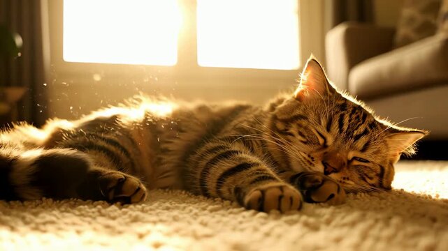 Peaceful tabby cat napping and purring in a warm sunbeam with dust motes floating in the golden light