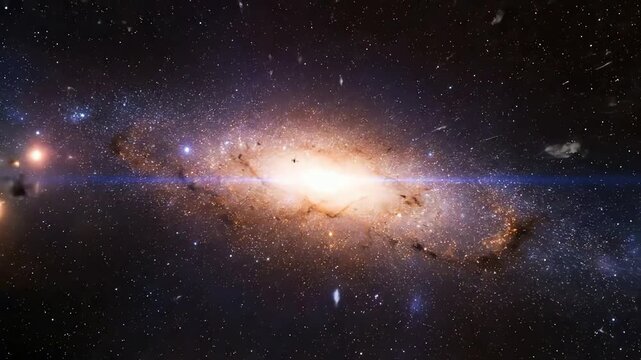 Cinematic hyperspace journey through a starfield and asteroid belt revealing a beautiful and glowing spiral galaxy