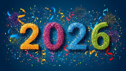 Glittering 2026 numbers with fireworks and confetti