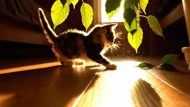 Playful kitten batting at dangling leaves in a warm sunbeam on a wooden floor