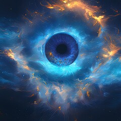 The image depicts a surreal, cosmic eye. A large, blue iris dominates the center, surrounded by swirling nebulae and fiery orange and blue light effects, creating a sense of vastness and mystery.