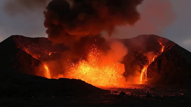 A powerful volcano erupts at night spewing fiery lava and thick dark smoke from its crater
