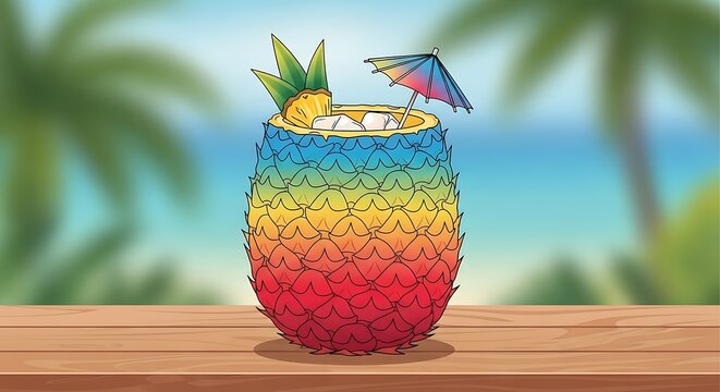 Colorful Pineapple Cocktail on a Tropical Beach Background.