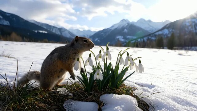 An adorable squirrel discovers the first spring snowdrop flowers in a snowy mountain landscape.