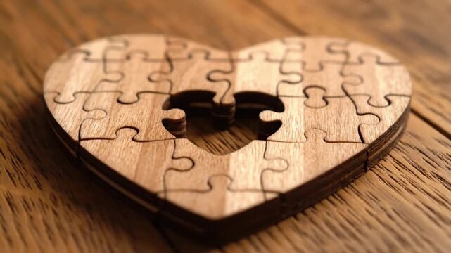 Wooden heart-shaped puzzle with missing piece, symbolizing love and unity