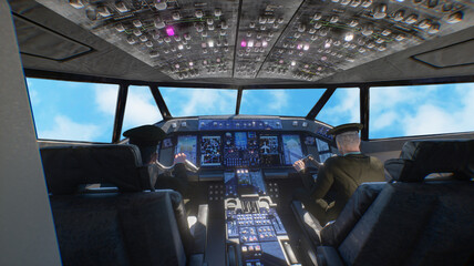 Two pilots operating modern commercial aircraft from cockpit with clear blue sky view 3d render