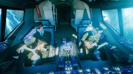 Pilots flying through severe thunderstorm with lightning viewed from modern aircraft cockpit