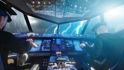 Pilots flying through severe thunderstorm with lightning viewed from modern aircraft cockpit  3d render