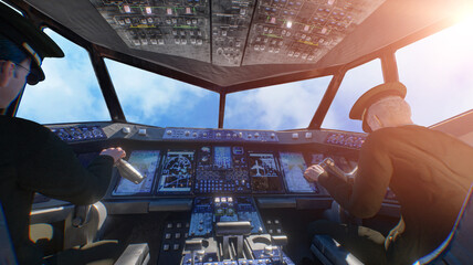 Two pilots operating modern commercial aircraft from cockpit with clear blue sky view 3d render