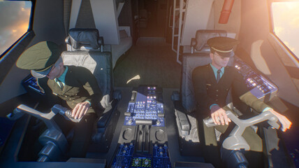 Two pilots operating modern commercial aircraft from cockpit with clear blue sky view 3d render