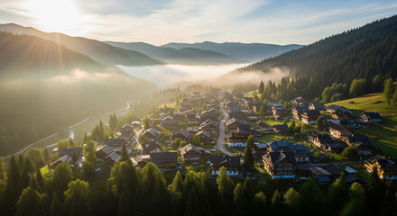 Charming mountain village nestled in a lush green valley bathed in the golden light of sunrise