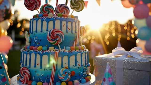 A beautiful birthday cake decorated with colorful candy sits on a table during a festive celebration. This birthday cake, with its vibrant colors and sweets, creates a joyful atmos
