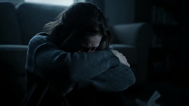 Portrait of a heartbroken young woman crying alone in a dark room feeling sad and depressed