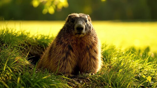A curious wild marmot emerges from its burrow in a sunny green meadow during golden hour