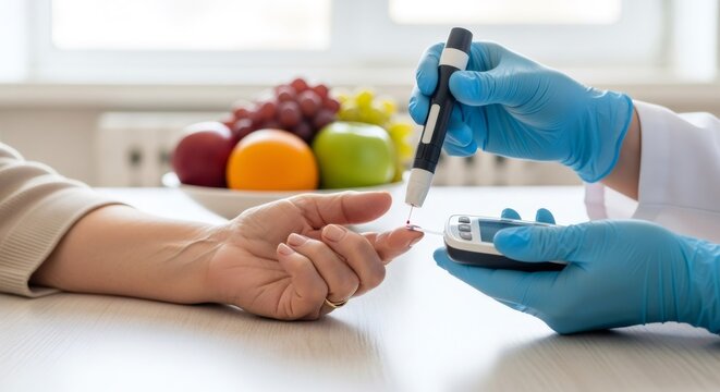 Woman measuring blood glucose level. Doctor checking elderly patient finger with lancet and glucometer for diabetes control, health or medical concept. - Powered by Adobe