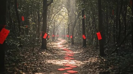 Mysterious Forest Path Decorated with Red Envelopes and Illuminated by Soft Sunlight