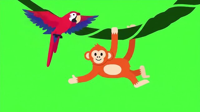 Colorful parrot and playful monkey on branch against green background