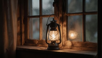 Illuminated Lantern on a Window Sill - A Cozy and Atmospheric Scene.