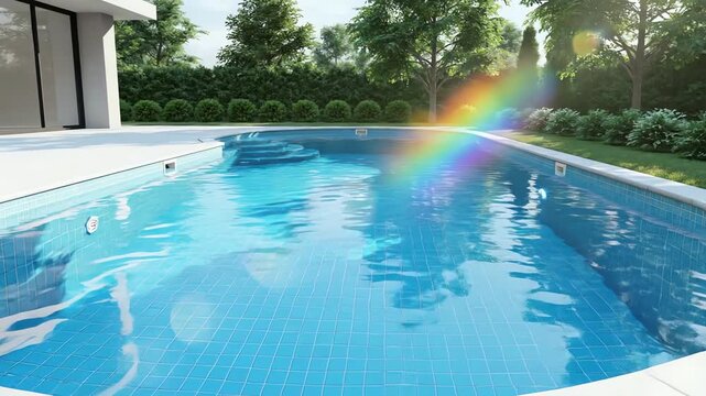 A tranquil backyard swimming pool with crystal clear water and a rainbow on a sunny day.
