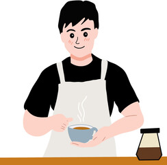 Friendly barista holding a steaming cup of coffee, wearing an apron and smiling warmly while preparing fresh beverages in a cozy cafe environment