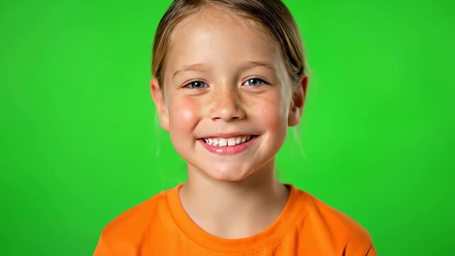 Close up portrait of a happy smiling little girl laughing against a green screen background