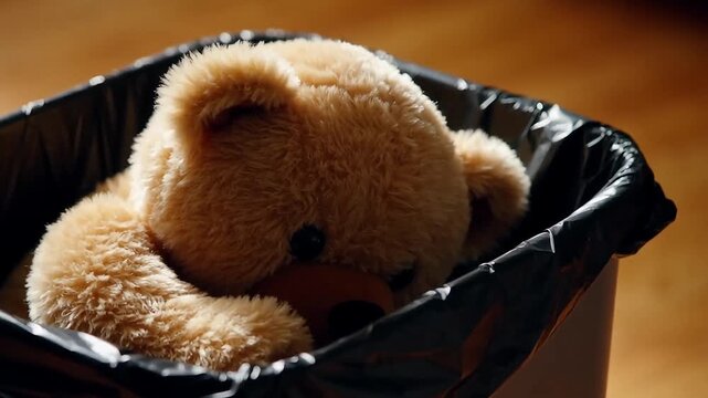 Close up of a dark skinned hand putting a small, light brown teddy bear into a trash