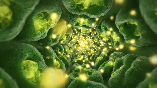 Microscopic plant cells absorb vibrant sunlight creating glowing energy within a green biological environment