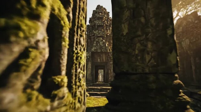 Verdant moss blankets ancient stone temple ruins in a sun-dappled jungle setting