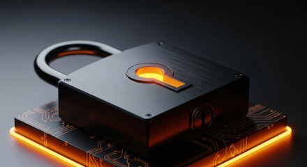 Futuristic dark metallic padlock glowing orange rests upon a neon circuit board symbolizing robust digital data protection and strong cyber security