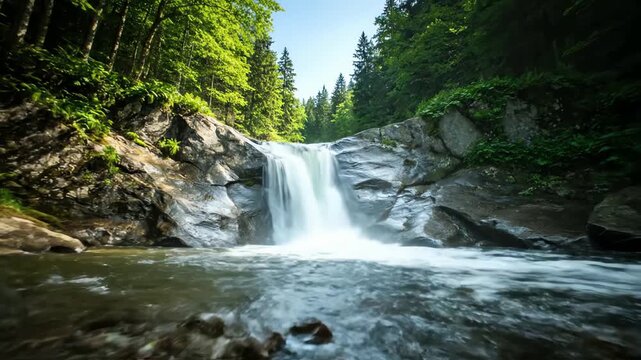A serene and peaceful natural landscape featuring a beautiful waterfall cascading over rocks in a lush green forest on a sunny day.