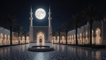 Majestic Mosque Under Full Moon - A Nighttime Architectural Wonder.