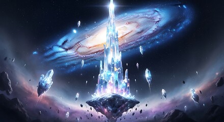 Cosmic Crystal Spire Illuminating a Distant Galaxy in a Mystical Universe.